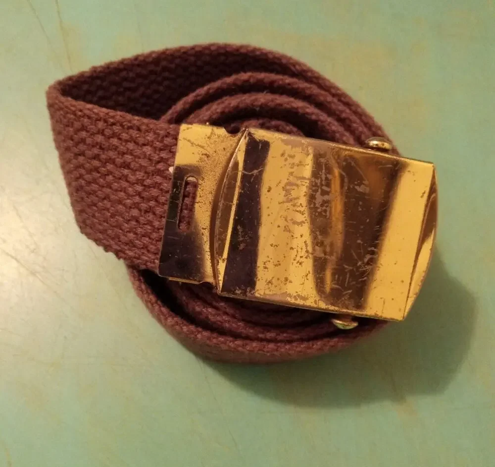 Vintage Faded Blue Brown Men's Canvas Web Belt Gold Buckle Adjustable Retro 37